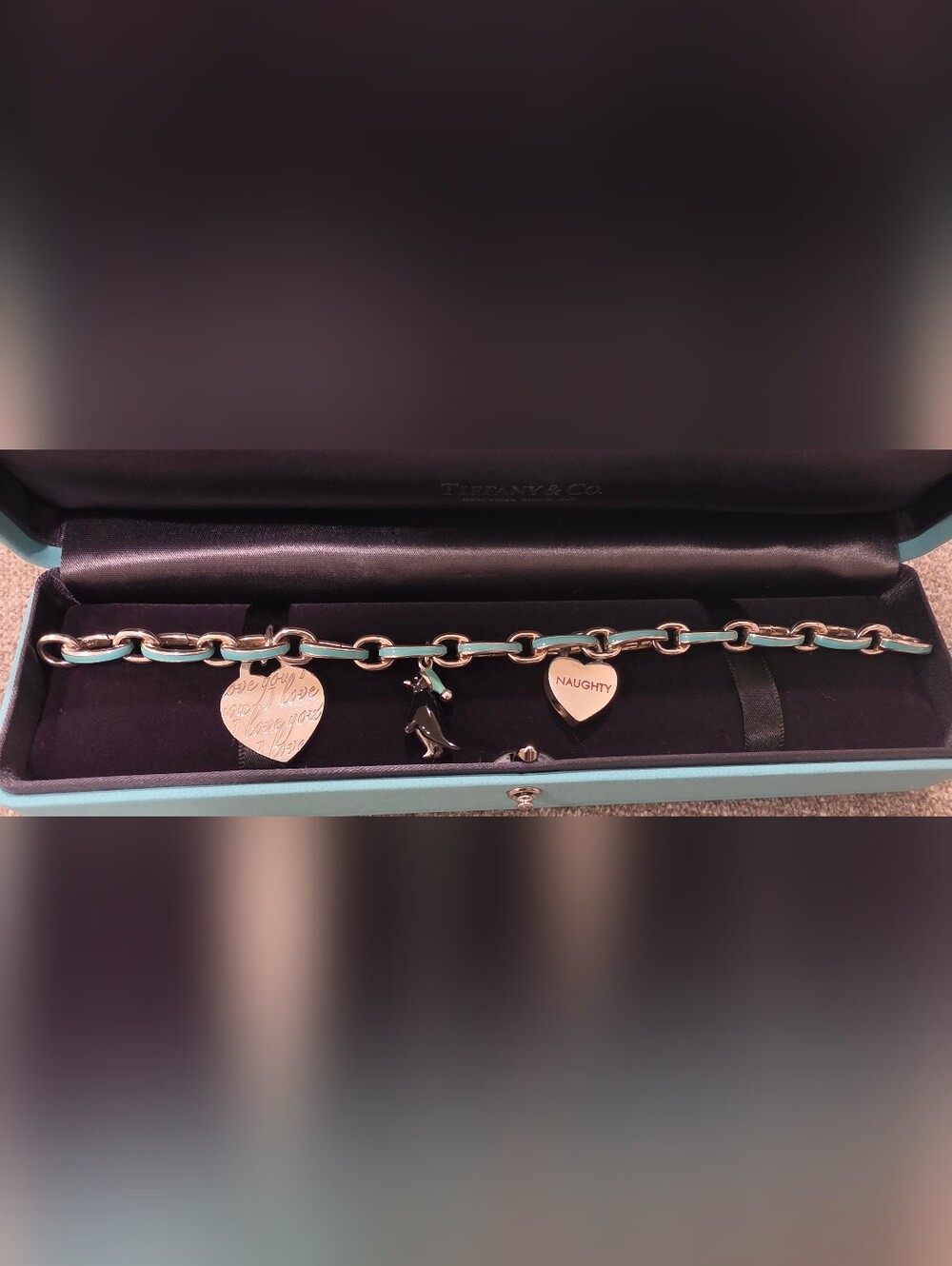 Tiffany & Co. Blue Enamel Clasping Multi Charm Bracelet Penguin Heart Lock